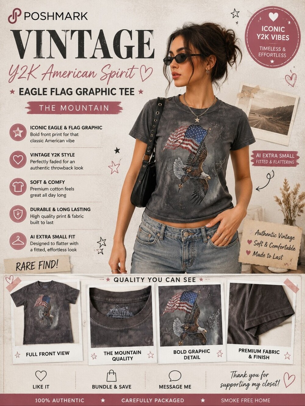 The Mountain Kids M Bald Eagle American Flag Graphic Tee | Fits Adult XS